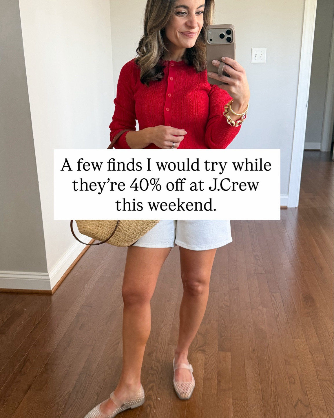 40% off finds worth trying while they’re on sale at J.Crew! 

Jackie Cardigan: xs (shown in red, yellow, brown short sleeve)
Cotton Lace Top: xxs 
Audrey Sandals: true to size 
Skort: xxs/00 - not on sale 

Other pieces not J.Crew 
White shorts (Quince): 24 
Jelly shoes (Sam Edelman): true to size 
White skirt (Abercrombie): petite xxs 
Wide leg jeans (Quince): 24 short 
Pink cardigan (Target): xxs 
Gold Sandals (Sam Edelman): true to size