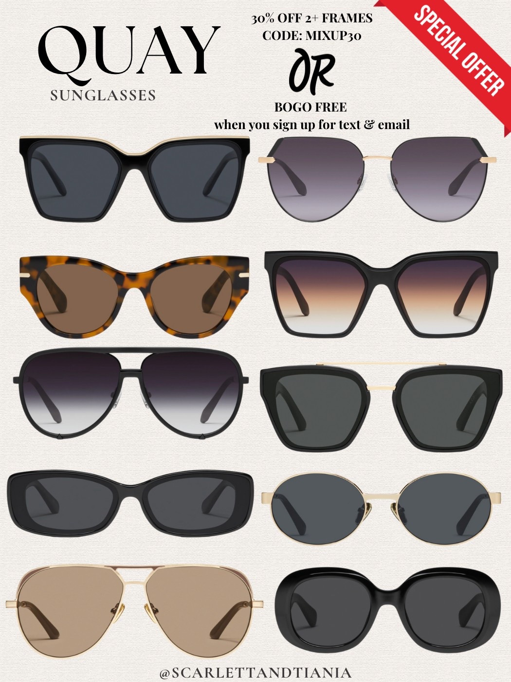 Quay sunglasses deals! BOGO free when you sign up for email & text OR 30% off when you buy 2+. Code MIXUP30

Sunglasses // quay // women’s fashion // deals // sales 

#LTKSaleAlert #LTKStyleTip #LTKTravel
