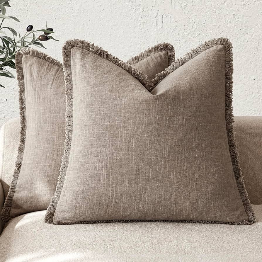Foindtower Set of 2 Decorative Linen Fringe Throw Pillow Covers Boho Farmhouse Cushion Cover with... | Amazon (US)