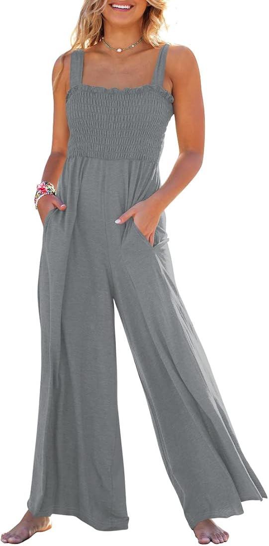 Womens Casual Loose Sleeveless Tank Jumpsuits Square Collar Smocked Wide Leg Jumpsuit Rompers wit... | Amazon (US)