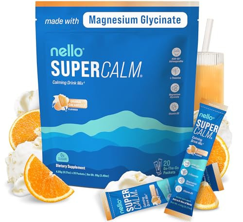 Nello Supercalm Powdered Drink Mix, Cortisol Reducer* and Sleep Aid Supplement, L Theanine, Ksm-66 Ashwagandha, Magnesium Glycinate, Vitamin D 3, No Sugar, Non GMO, On The Go, 20 Ct, Orange Creamsicle | Amazon (US)