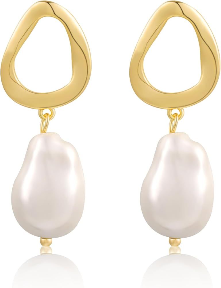 Pearl Earrings for Women 14K Gold Plated Pearl Dangle Earrings Trendy Gold Pearl Dangle Huggie Ea... | Amazon (US)