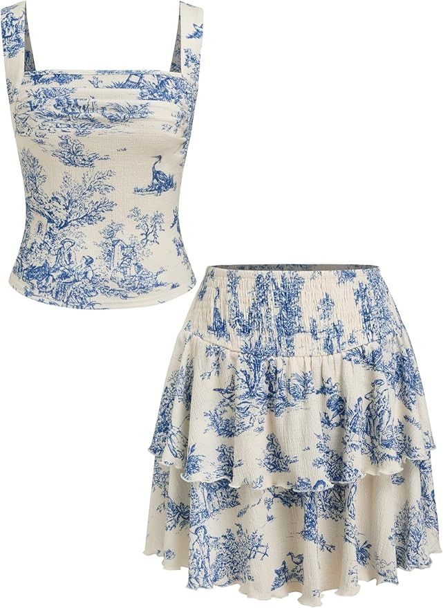 CIDER Womens Toile Print Tiered Ruffle Skirt Set Sleeveless | Amazon (US)