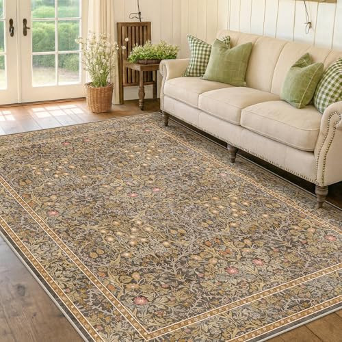 Washable Dining Room Rugs for Under Table - 6x9 Brown Oriental Area Rug for Living Room, Low Pile Non-Slip Floor Carpet for Bedroom Under Bed - Vintage Design & Stain Resistance | Amazon (US)