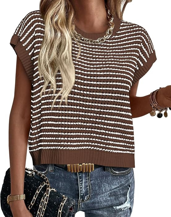 PRETTYGARDEN Women's Striped Short Sleeve Sweater Vest | Amazon (US)