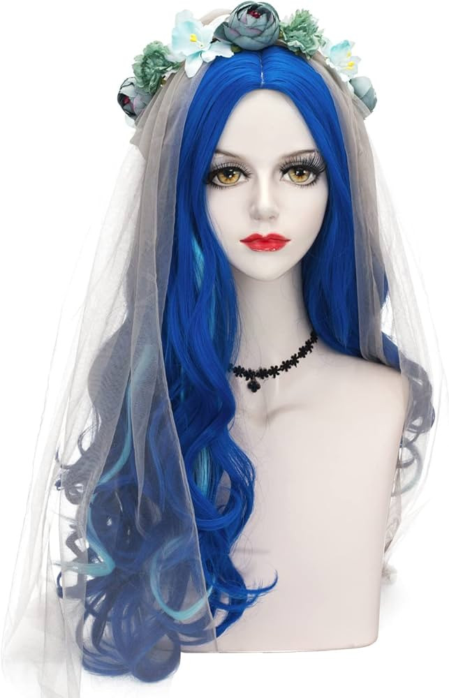 Half and Half Corpse Cosplay Bride Wig Long Curly Dark Blue Mixed Color Cos Wigs with Veil & Flow... | Amazon (US)