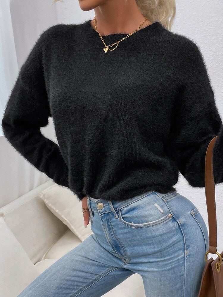 Solid Drop Shoulder Fuzzy Sweater | SHEIN