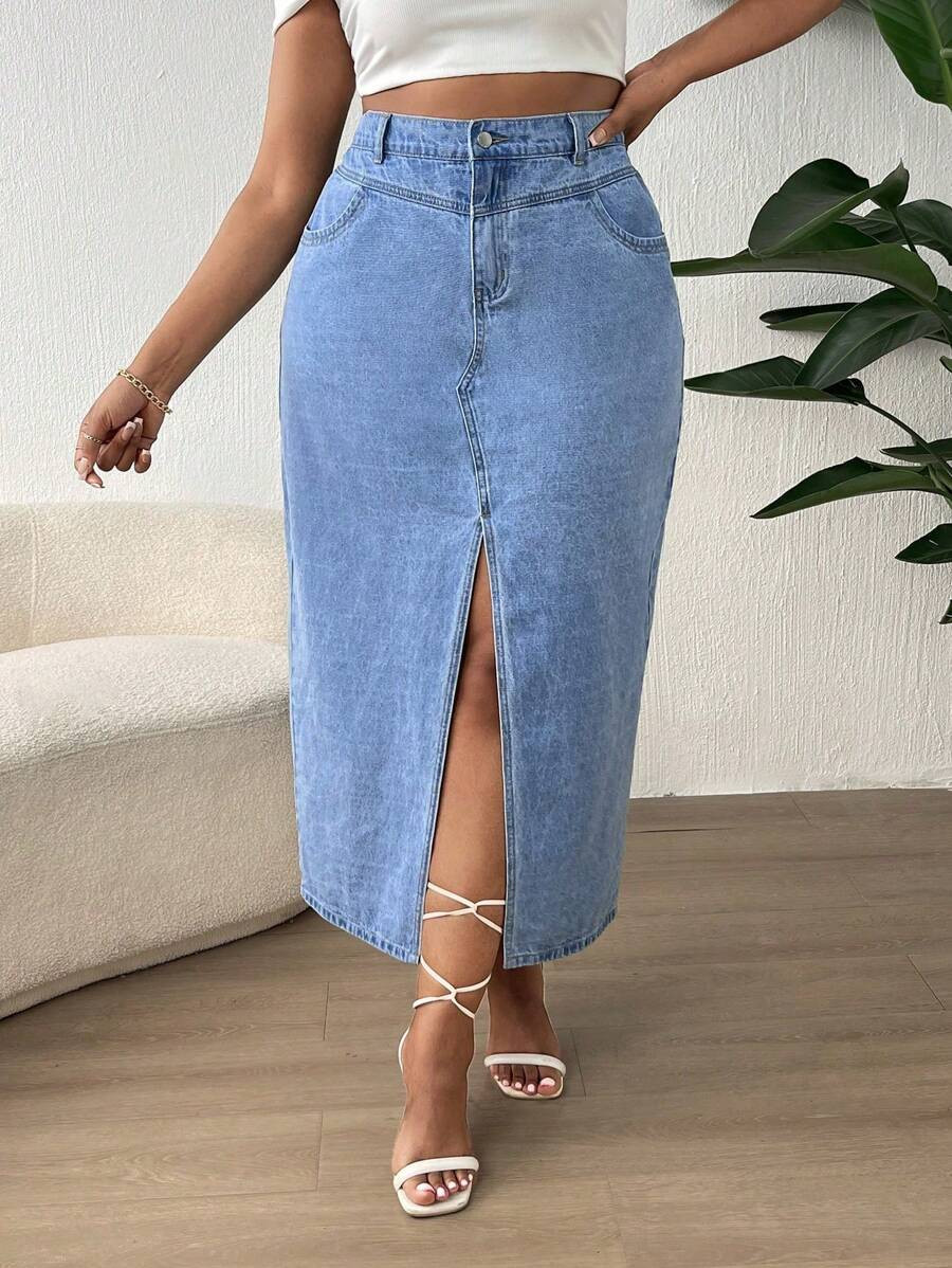 SHEIN CURVE+ Plus Size Denim Midi Skirt Straight Casual Loose Fit Front Split Blue | SHEIN