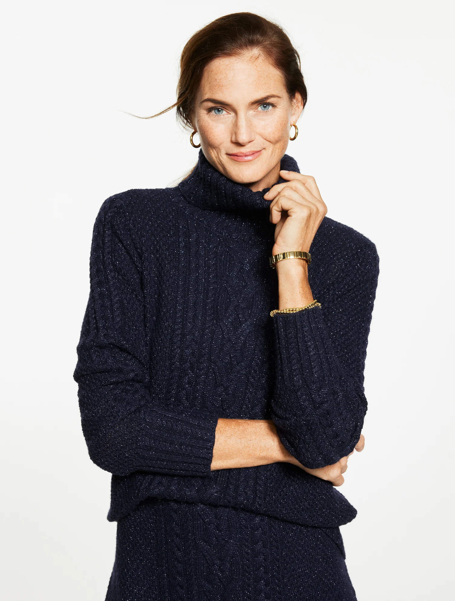 Metallic Cable Knit Turtleneck Sweater - Blue - Medium Talbots | Talbots