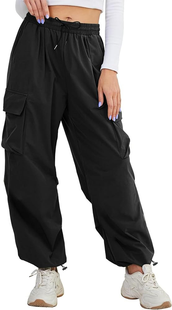 Buauty Womens Cargo Pants, Black Baggy Parachute Pants with Pockets Trendy Cargo Sweatpants Jogge... | Amazon (US)