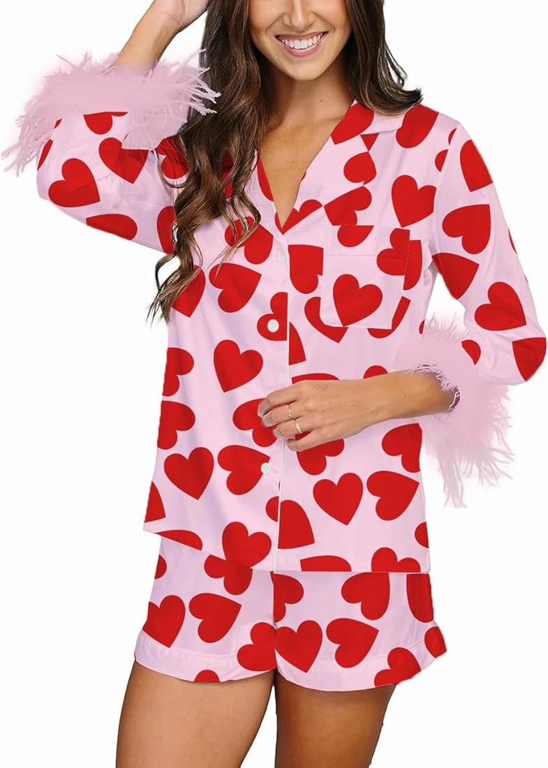Women Feather Trim Pajama Set Bow Heart Long Sleeve Button Shirts Shorts Valentines Cute 2 Piece ... | Amazon (US)