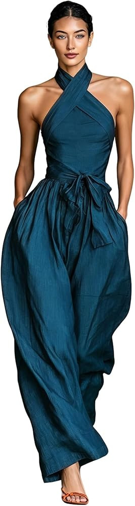 Womens Linen Blend Sleeveless Jumpsuit Crisscross Halter Wide Leg Casual Loose Fit Romper | Amazon (US)