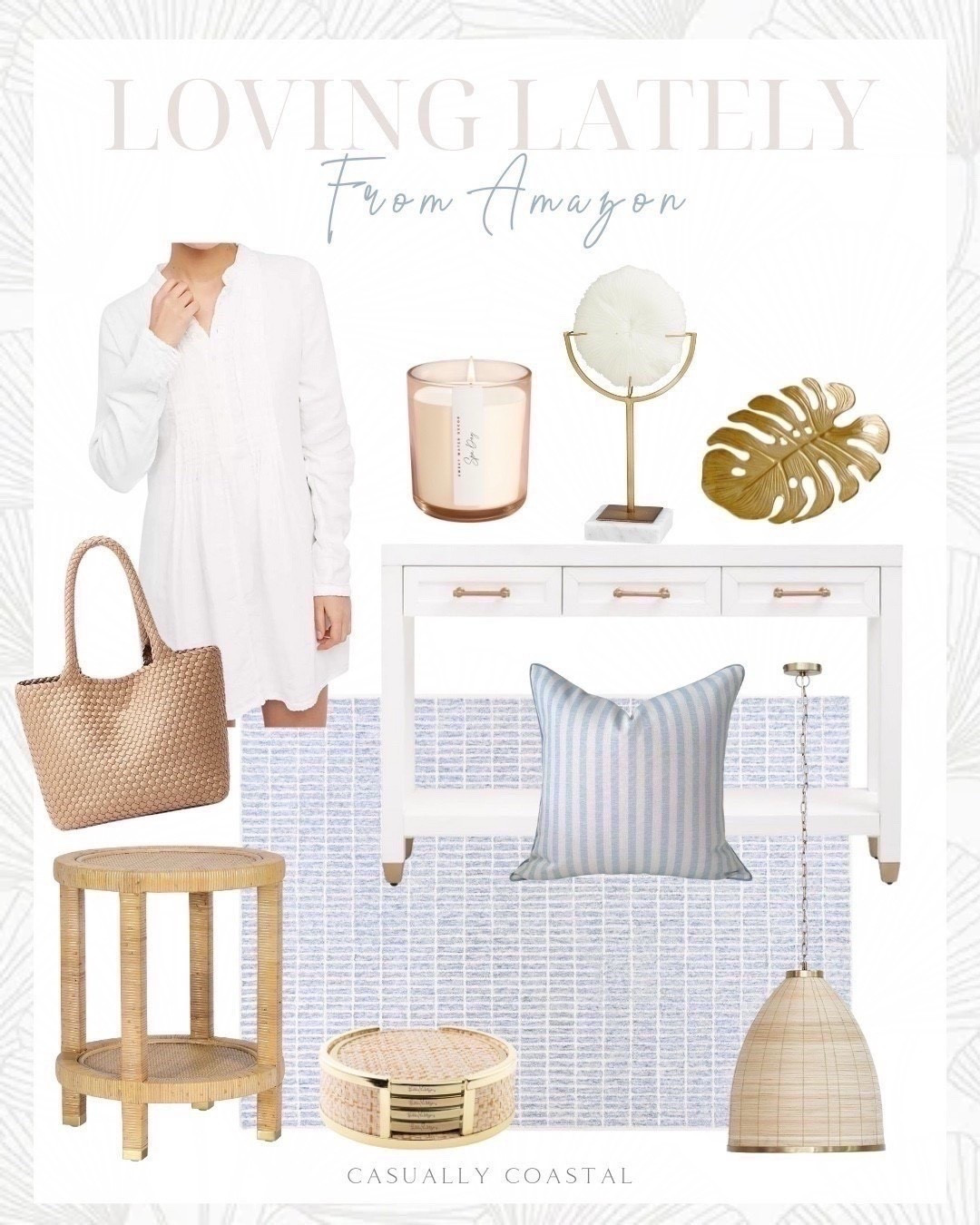 Loving Lately From Amazon 

Amazon home decor, coastal home, coastal decor, Amazon rug, coastal rug, Amazon tote bag, coastal bag, coastal side table, coastal end table, Amazon side table, Amazon candle, Amazon coasters, Amazon sculpture, Amazon pillow, coastal pillow, white wood console table, Amazon console table, blue rug, living room rug, bedroom rug, dining room rug, 5x8 rug, rattan pendant lamp, coastal pendant, white tunic dress, Amazon tunic dress, woven tote bag, striped pillow cover, seersucker pillow, coral decorative sculpture, metal jewelry dish, leaf shaped ring holder, Lilly Pulitzer coasters, raffia coasters, natural rattan side table, sea salt candle 



#LTKHome
