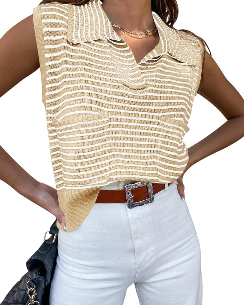 Saodimallsu Womens Striped Collared Sweater Vest Casual Sleeveless Knit V Neck Trendy Tank Top wi... | Amazon (US)