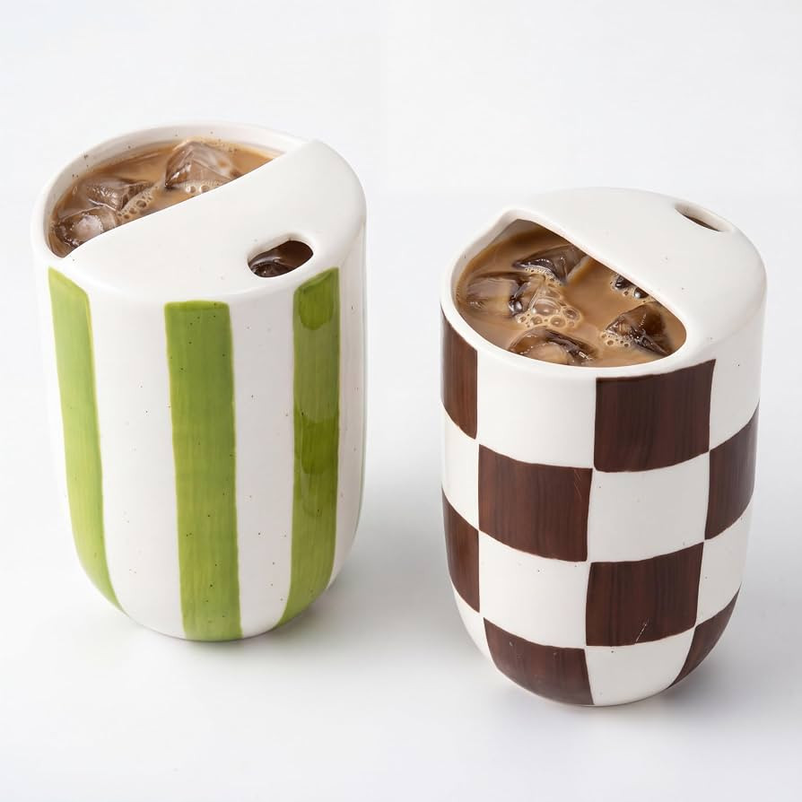 Hushee 2 Pack 16 oz Ceramic Coffee Mugs with Sip Hole, Retro Hand-painted Ceramic Travel Mug, Gre... | Amazon (US)