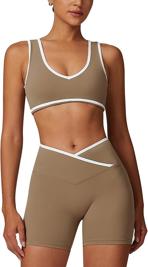 ABOCIW Workout Sets for Women Color Block Sports Bra Crossover Waist Shorts 2 Piece Gym Yoga Pila... | Amazon (US)