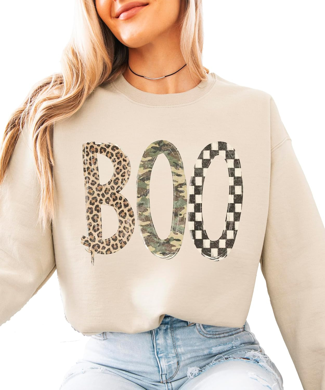Olive Loves Apple Halloween Boo Sweatshirt for Women & Teen Girls Leopard Camo Checkered Spooky Crewneck Pullover | Amazon (US)