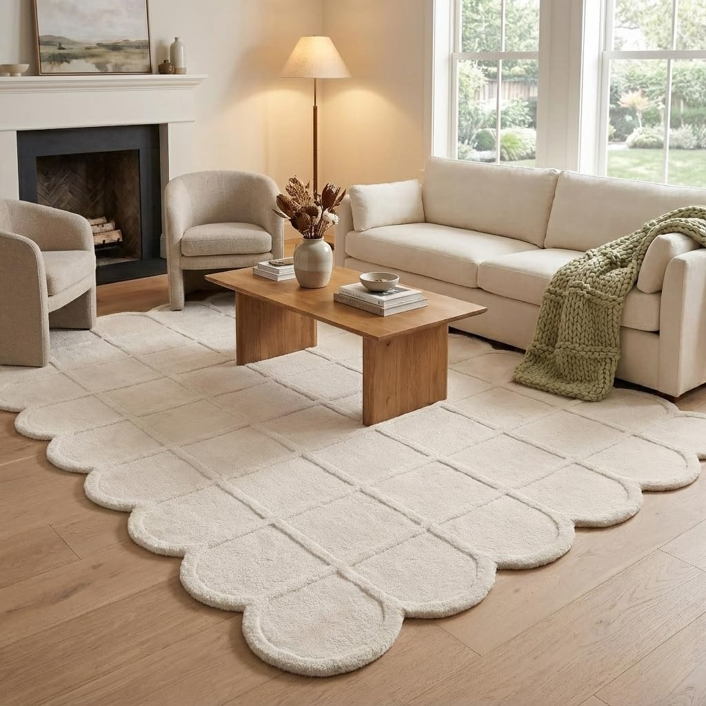 Selena Scallop Wool Area Rug – Hand-Tufted, Scalloped Edge, Modern Plaid Checkered Grid Pattern... | Amazon (US)