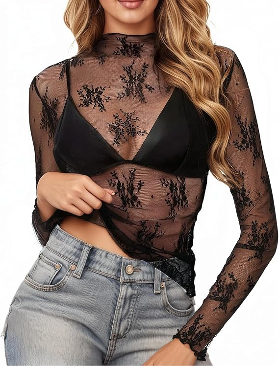Girece Lace Tops for Women Long Sleeve Mock Neck Mesh Top Sexy Sheer Shirts See Through Floral Bl... | Amazon (US)
