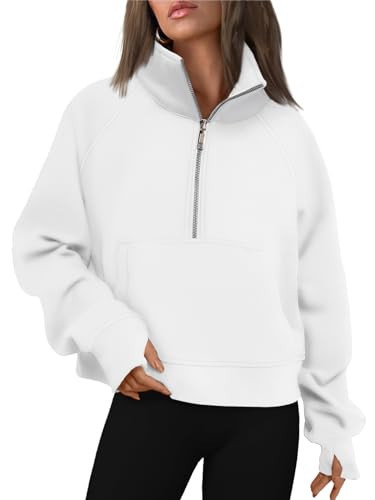 AUTOMET Womens Sweatshirts Half Zip Cropped Pullover Fleece Quarter Zipper Hoodies 2024 Fall Fashion Outfits Clothes White Medium | Amazon (US)