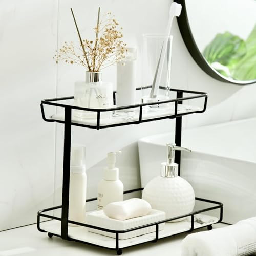 Bathroom Organizer Countertop Perfume Organizer Makeup Organizer Cosmetics Storage Display Rack Vanity Tray Dresser Stainless Steel Gold Shelf White Marble Ceramic Tray (2 Tier L-Black) | Amazon (US)