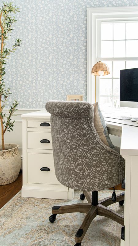 Update your home office with these home decor items, including office chair, white desk, artificial olive tree, patterned wallpaper from Serena and Lily. Coastal style home decor.

#LTKhome #LTKfamily