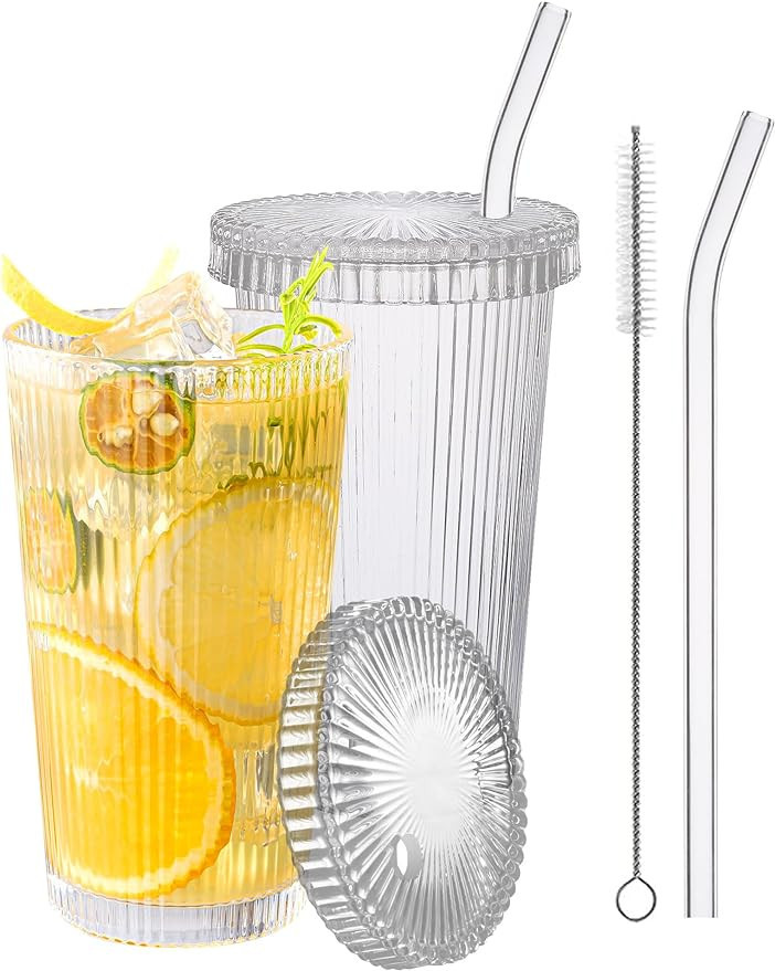 Seffora Vintage Ribbed Glass Cups With Lids and Straws - 13 Oz Vertical Stripes Beverage Glasses ... | Amazon (US)