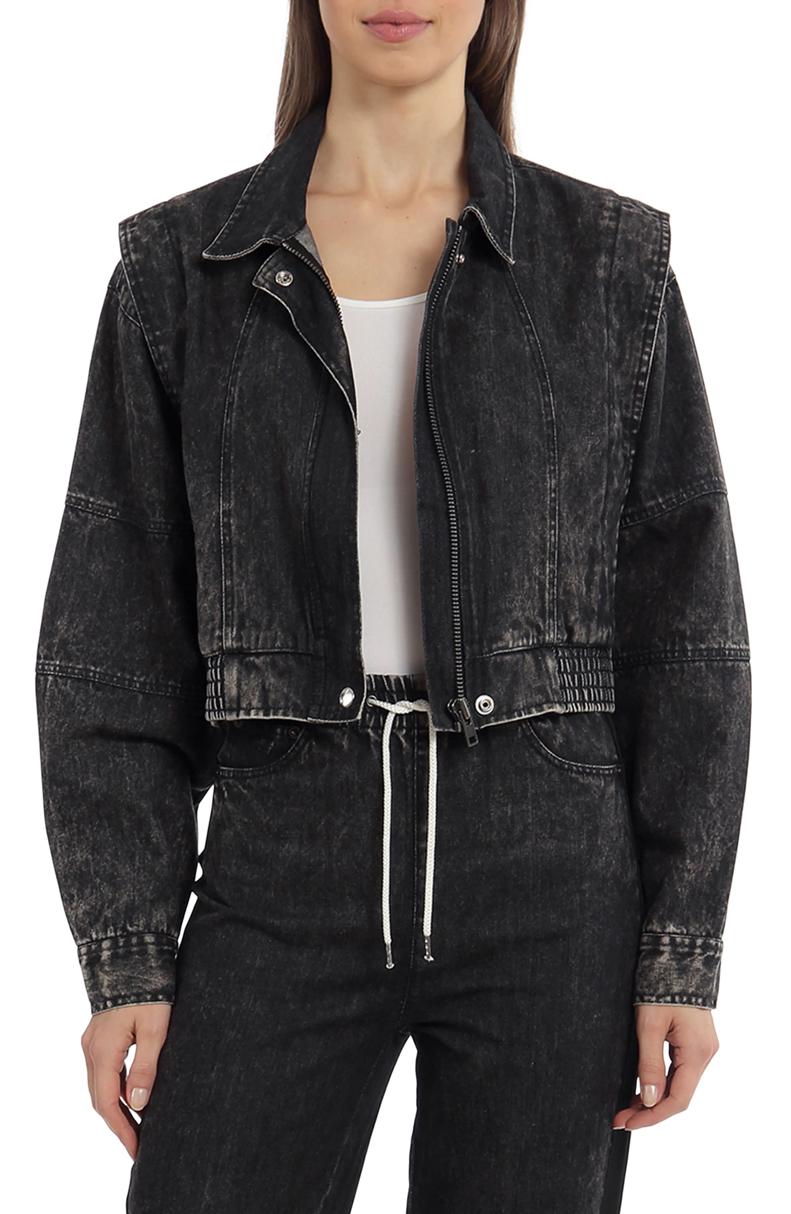 Women's Avec Les Filles Crop Denim Jacket, Size Large - Black | Nordstrom