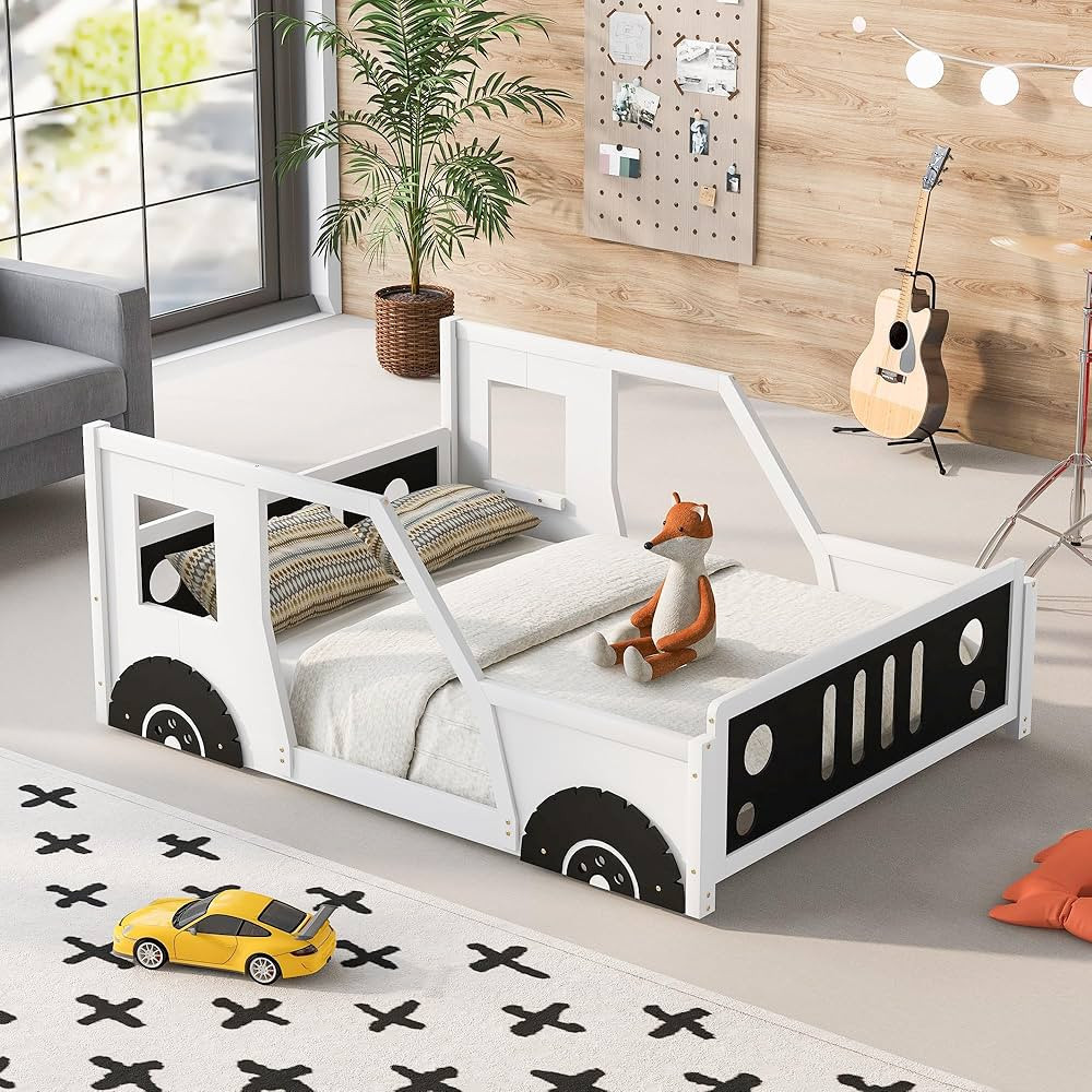MERITLINE Kids Floor Bed Full Car-Shaped Platform Bed with Wheels, Wooden Full Bed Frames with Do... | Amazon (US)