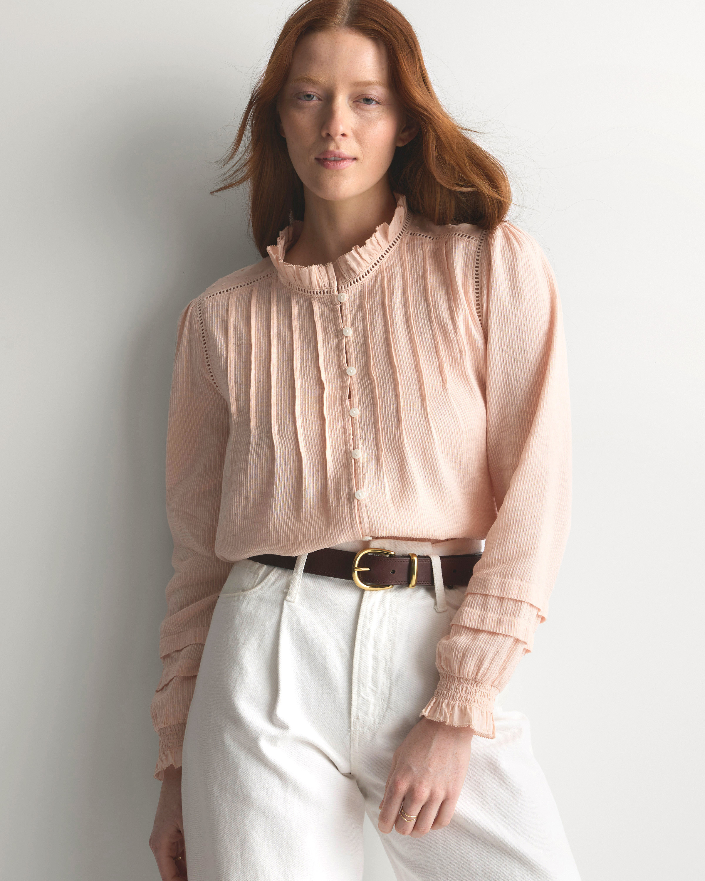 Quince | Women's Organic Textured Cotton Peasant Blouse in Ballet Slipper, Size Medium, Organic Cotton | Quince