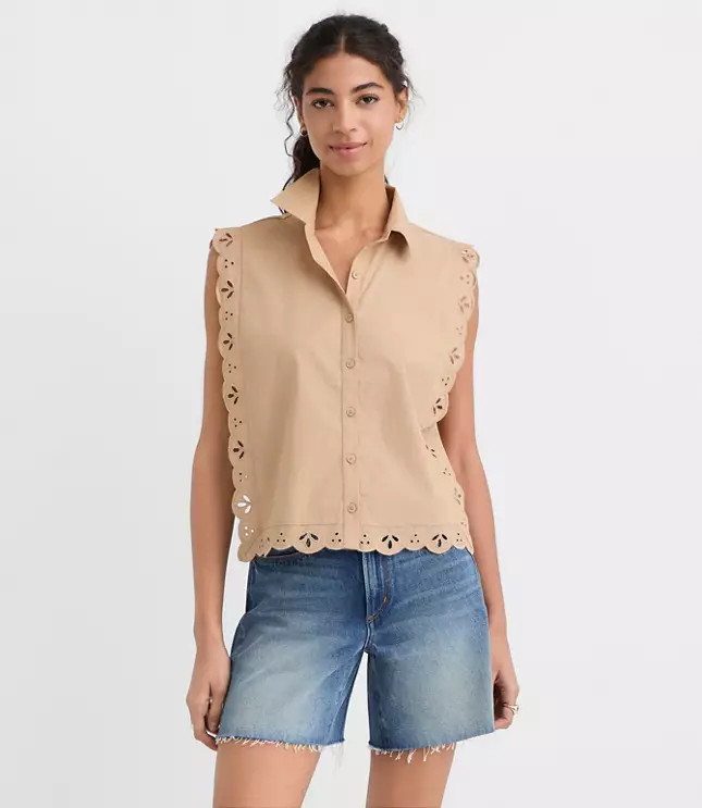 Petite Eyelet Poplin Sleeveless Shirt | LOFT