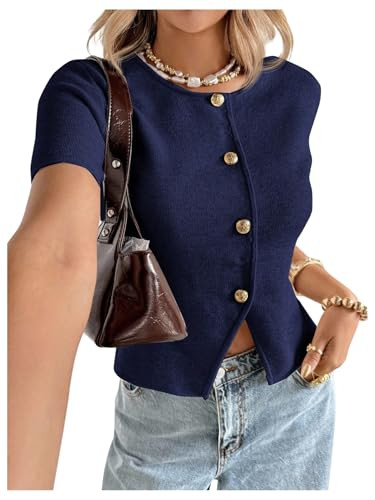 SOLY HUX Women's Button Down Short Sleeve Cardigan Crew Neck Fitted Knit Sweater Tops Plain Apric... | Amazon (US)
