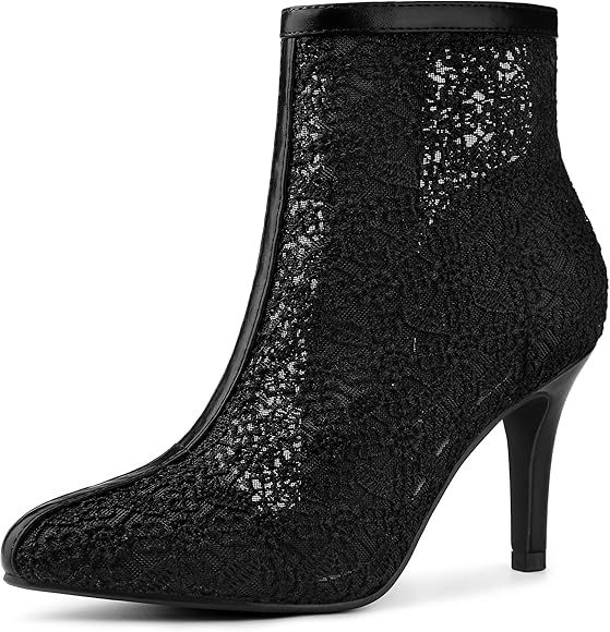 Allegra K Women's Lace Mesh Floral Embroidered Stiletto Heels Ankle Boots | Amazon (US)