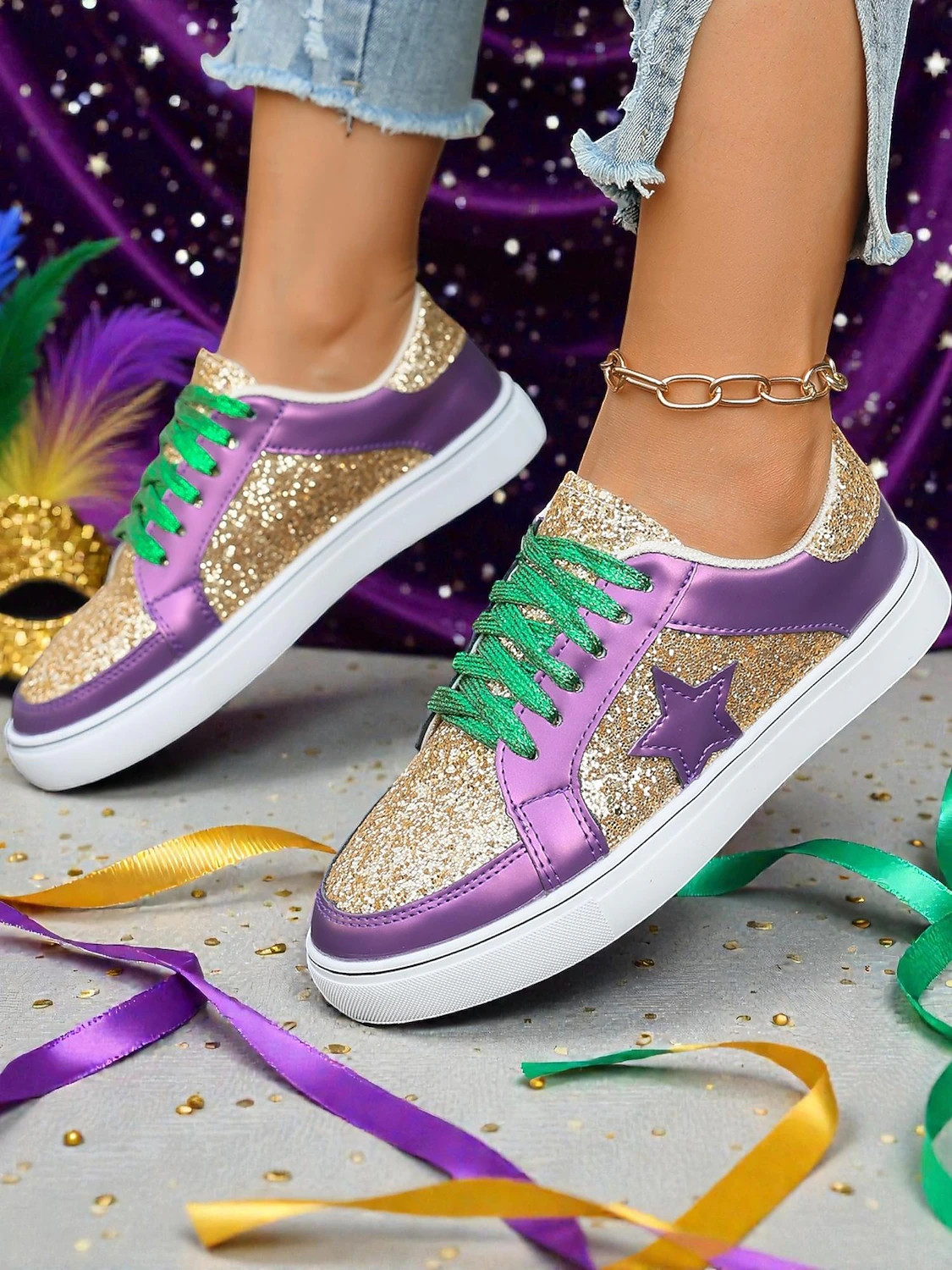 Women's Mardi Gras Glitter Sneakers with Colorful Metallic Panels, Sparkly Festival Lace-Up Casua... | Lightinthebox