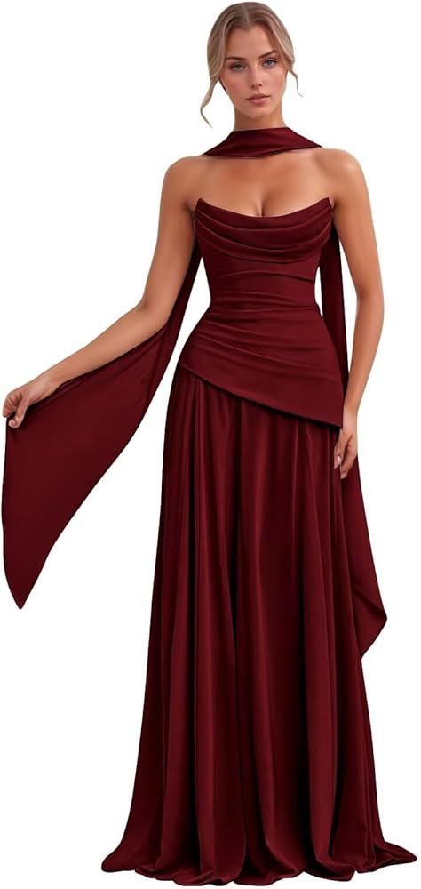 Vestidos largos de dama de honor sin tirantes para mujer 2025, de gasa, plisados, formales, vesti... | Amazon (US)