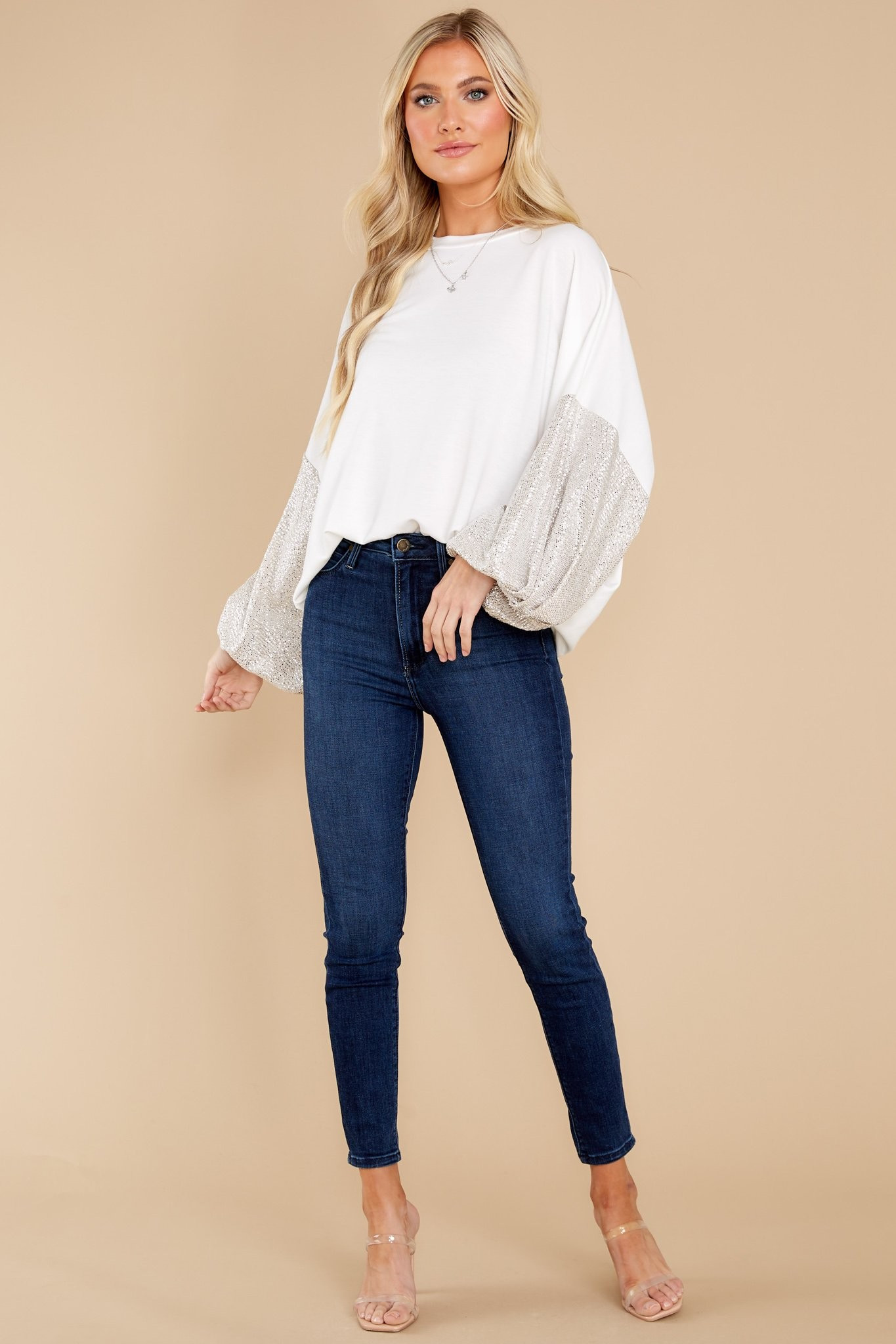 Sparkle On White Top | Red Dress 