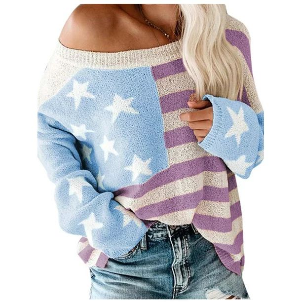 SySea Star Striped Print Women Cold Shoulder Loose Knit Sweater - Walmart.com | Walmart (US)