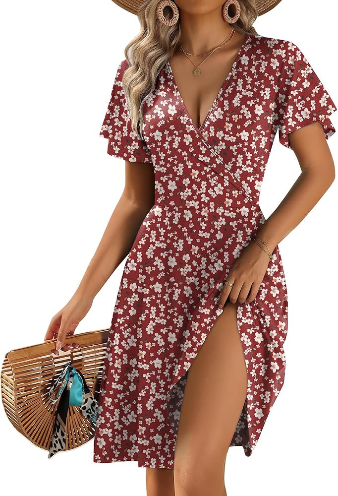 Zeagoo Womens Summer Dresses Wrap V Neck Dress Floral A-Line Ruffle Sleeve Casual Sundress with P... | Amazon (US)