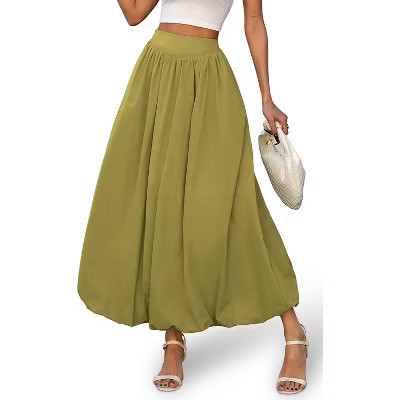 LEVEN SIXTEEN Women's Y2K Bubble Hem Maxi Skirt - Puffy A-Line Long Skirt with Pockets & Elastic Waist Green X-Large | Target