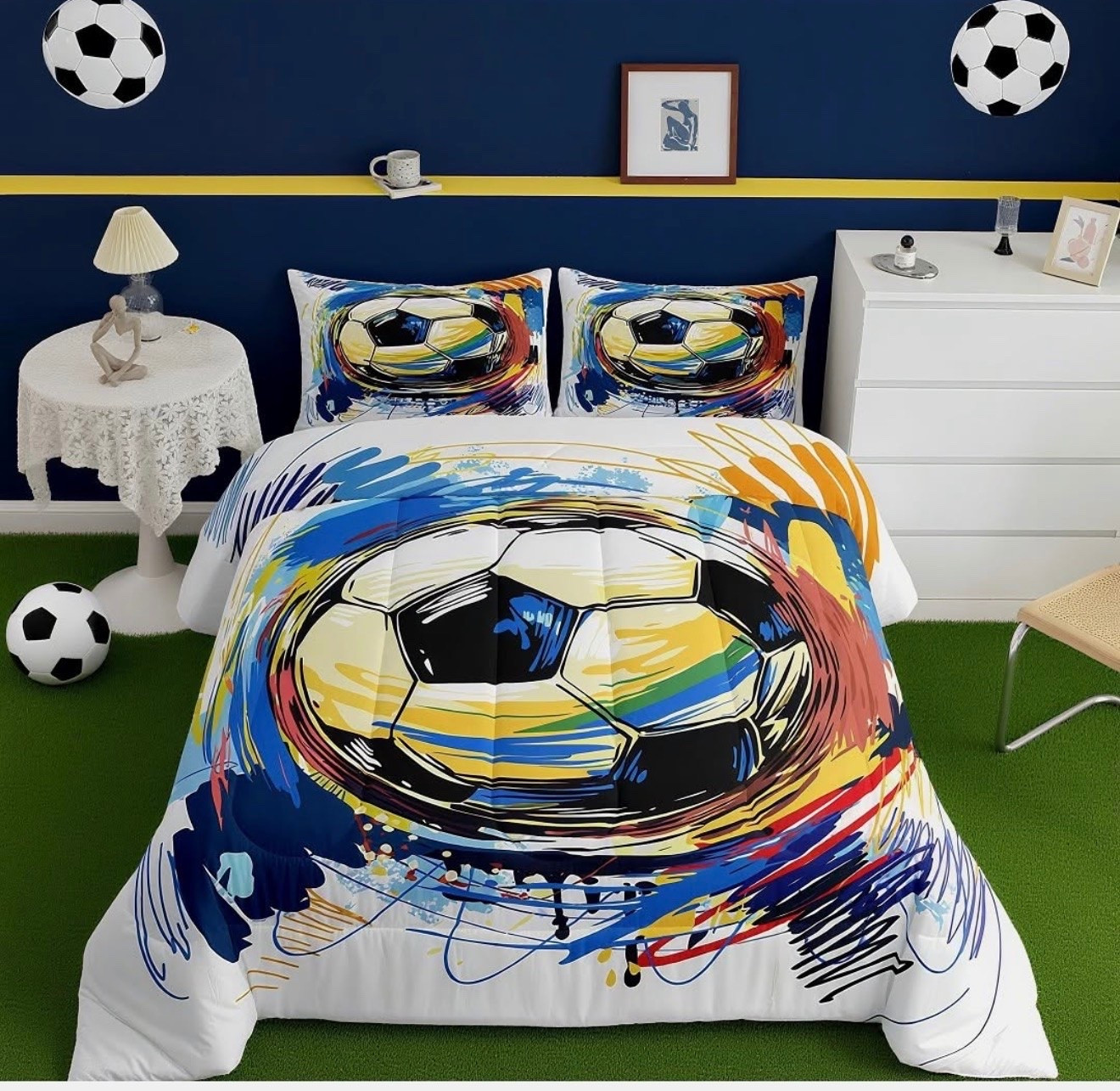 Boys Soccer Bedding Set Twin Size Football Sport Comforter Set for Kids Graffiti Style Duvet Set