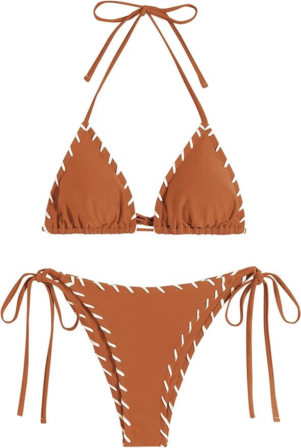 ZAFUL Women Bikini Set Two Piece Twisted Trim Tie Back Halter Cheeky Swimsuit Bathing Suit | Amazon (US)