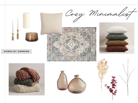 Cozy minimalist home decor 🤍 throw pillows, throw blankets, glass vases, faux stems, candles, candle holders, area rug. 

#LTKSeasonal #LTKhome