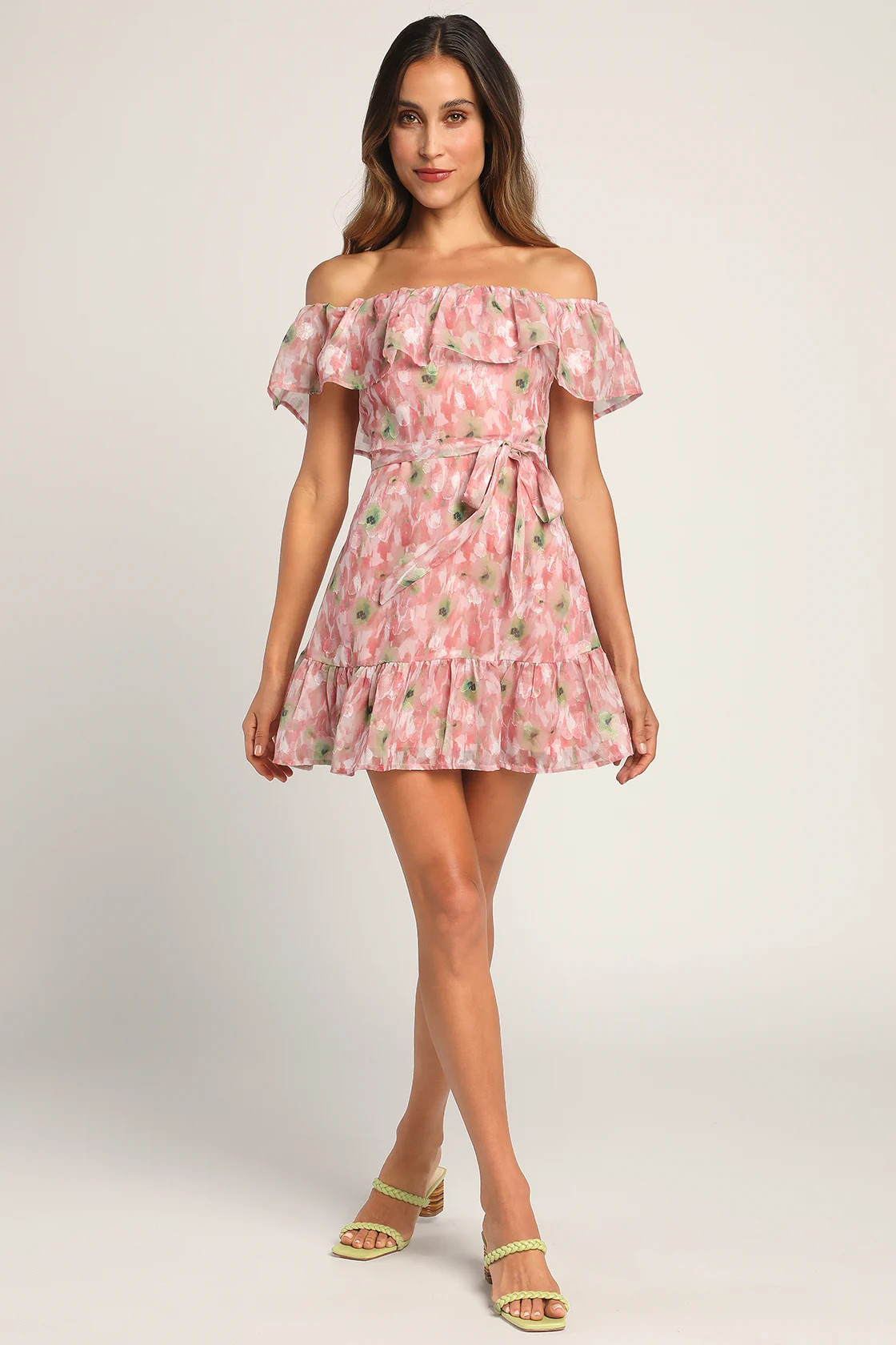 French Gardens Pink Burnout Floral Off-the-Shoulder Mini Dress | Lulus (US)
