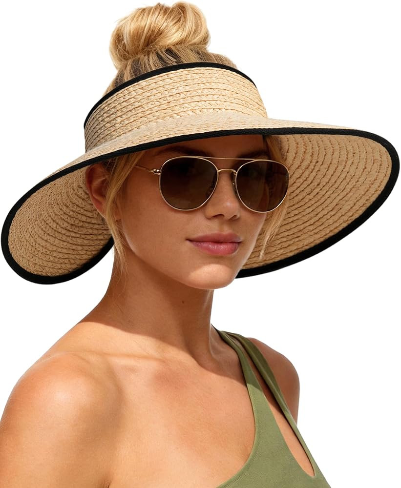 FURTALK Women's Raffia Straw Sun Hats Wide Brim Beach Visor Ponytail Hat Packable UPF 80+ Vacatio... | Amazon (US)
