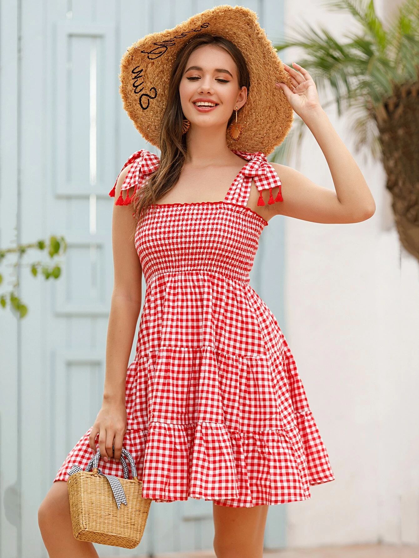 Gingham Tie Shoulder Shirred Ruffle Hem Cami Dress | SHEIN