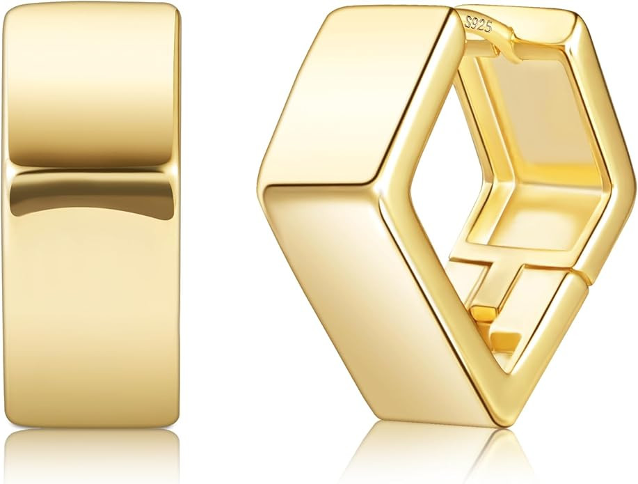 925 Sterling Silver 14k Gold Plated Chunky Huggie Hoop Earrings for Women - Small Square Hoops, C... | Amazon (US)
