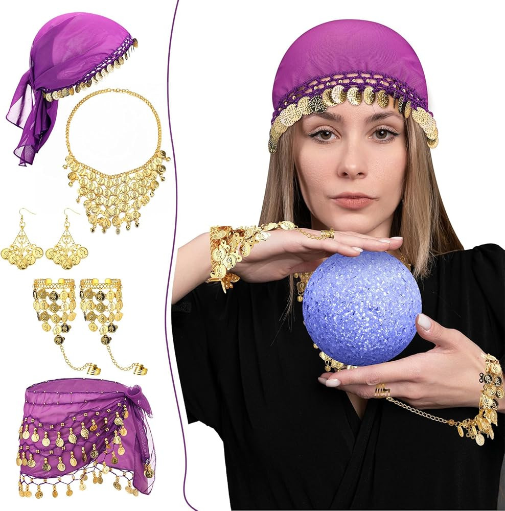Tondiamo 6 Pcs Fortune Tellers Costume Accessories Set for Women Include Purple Turban, Chiffon B... | Amazon (US)