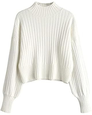 ZAFUL Women's Cropped Turtleneck Sweater Lantern Sleeve Ribbed Knit Pullover Sweater Jumper (1-Wh... | Amazon (US)