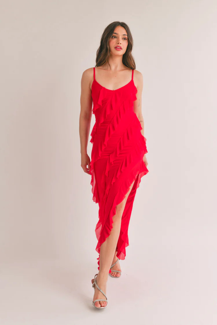 Natalia Bias Cut Ruffled Maxi Dress - Cherry Red | Confête