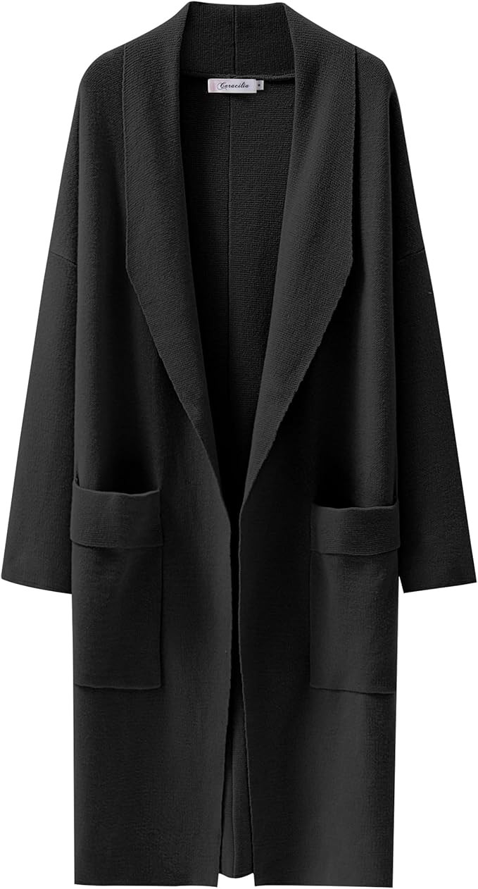 Caracilia Women's Open Front Knit Cardigan Long Sleeve Lapel Casual Solid Classy Sweater Jacket w... | Amazon (US)